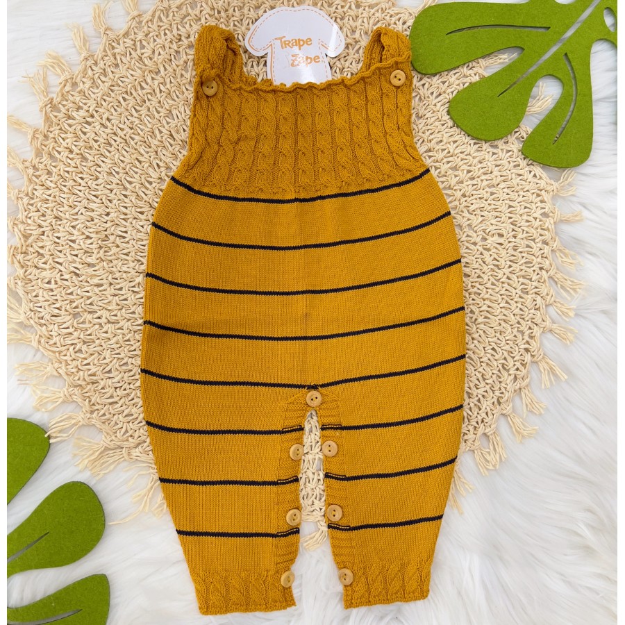 Jardineira Longa de linha- mostarda listra fina azul marinho